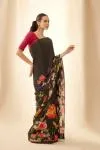 Ink Black Floral Satin Saree