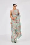 Ocean Green Printed Crepe Saree