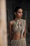 Champagne Gold Slit Net Drape Saree