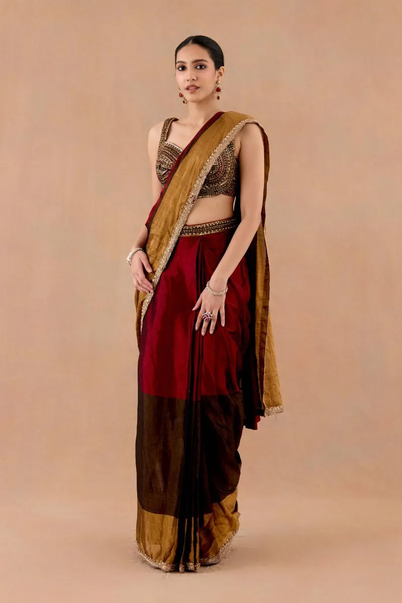 Maroon-Brown Tissue Silk Drape Saree