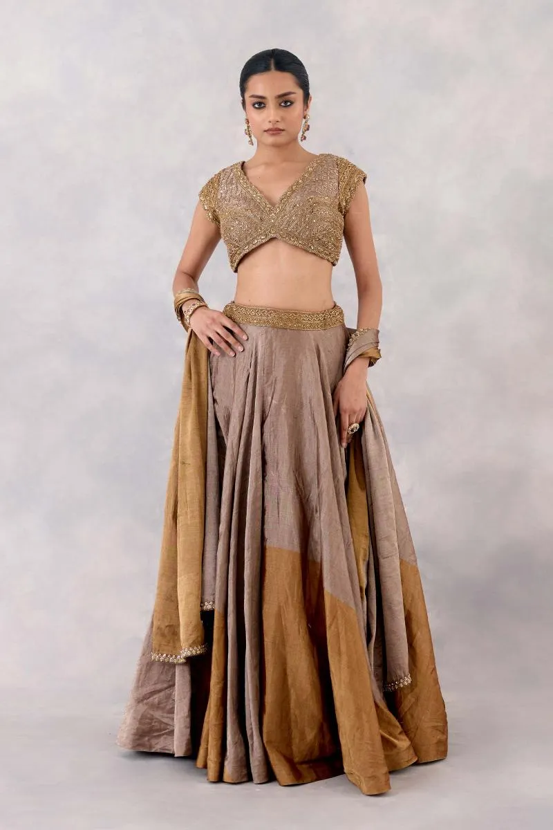 Gold brown tissue silk lehenga set