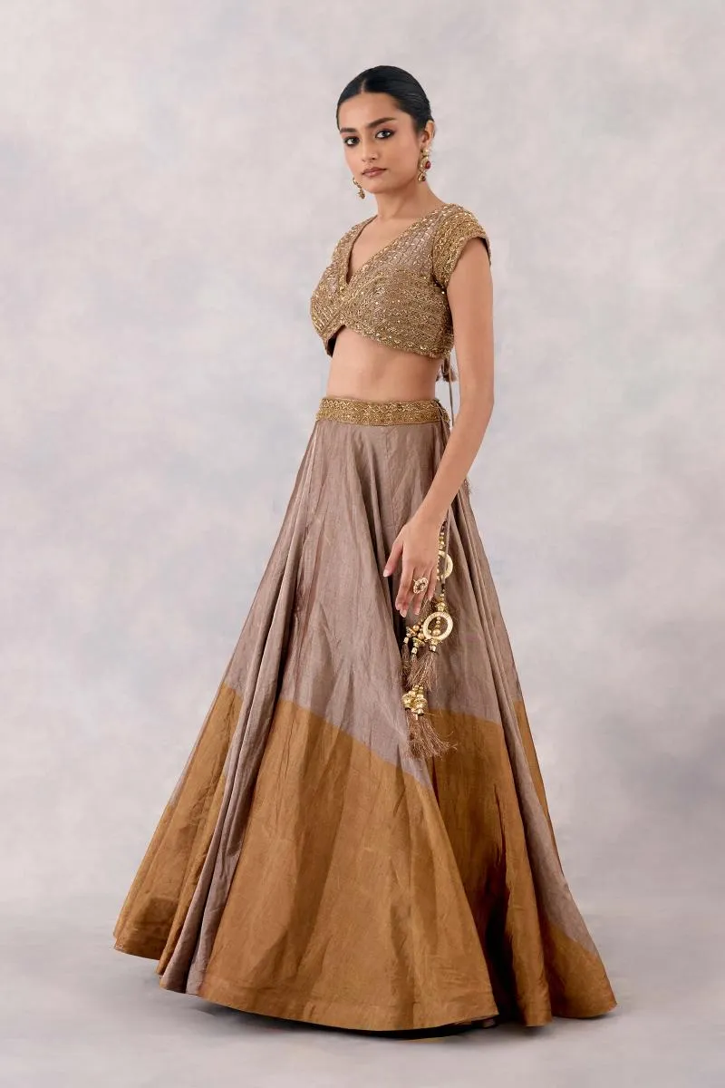 Gold brown tissue silk lehenga set
