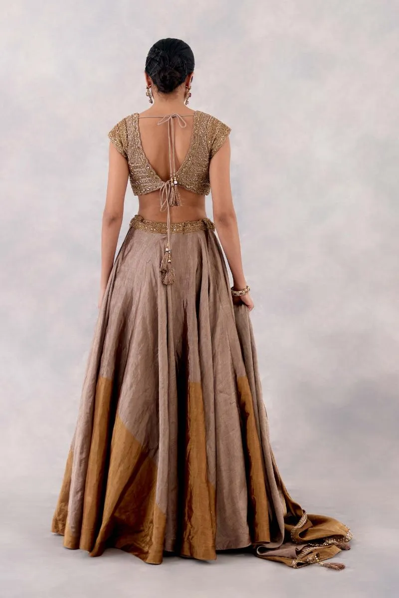Gold brown tissue silk lehenga set