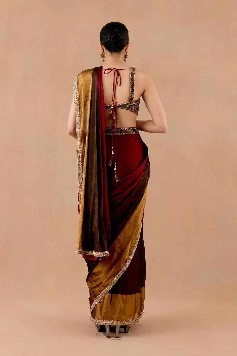 Maroon-Brown Tissue Silk Drape Saree