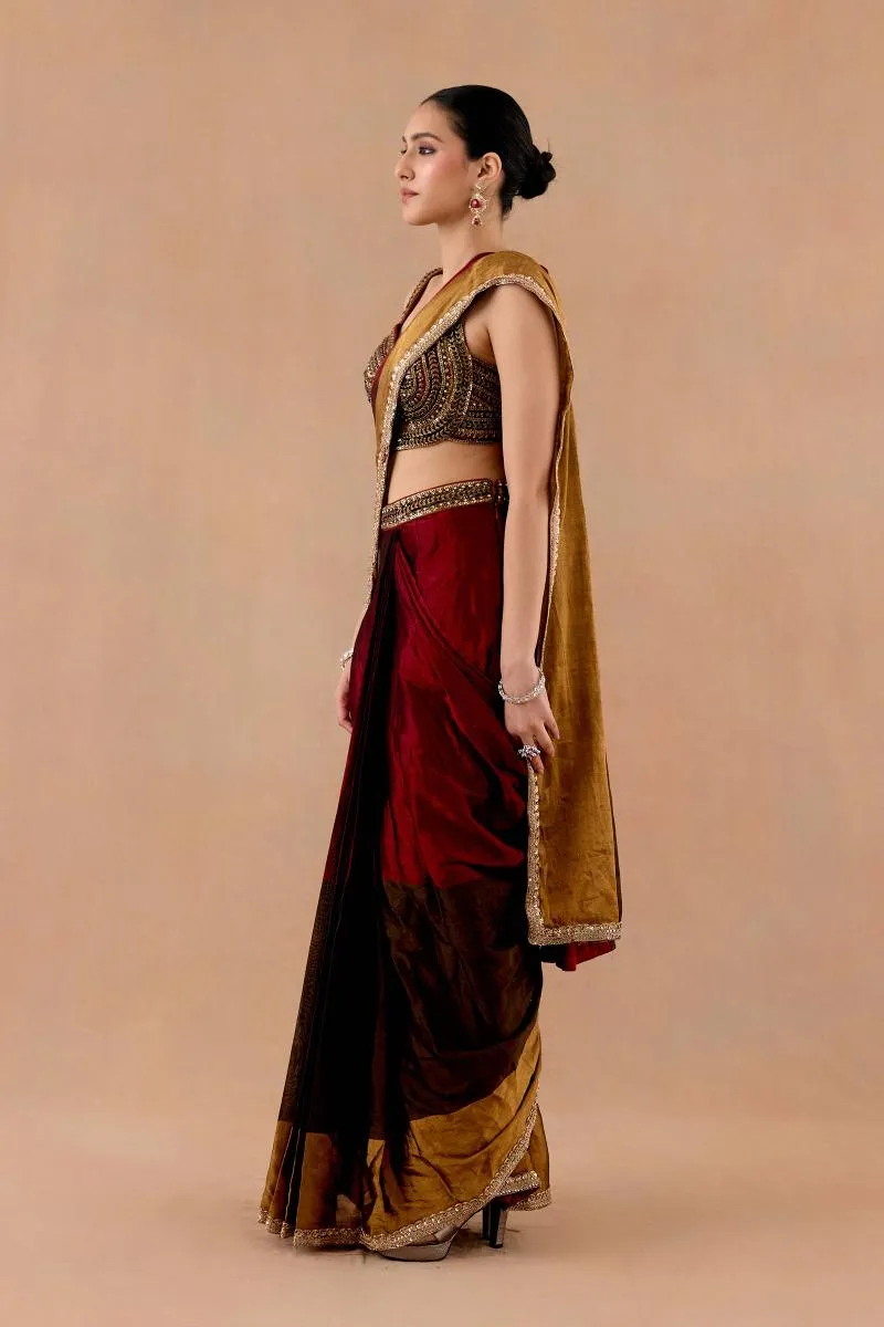 Maroon-Brown Tissue Silk Drape Saree