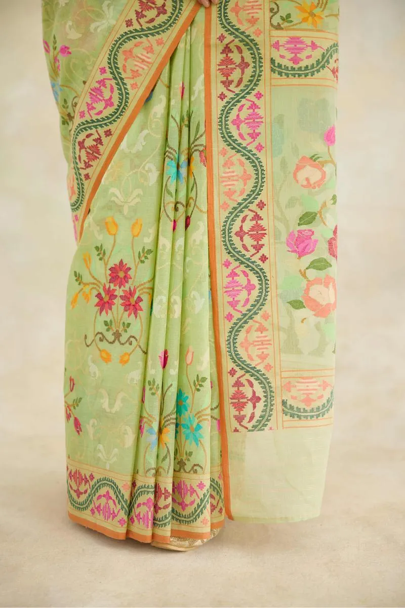 Chinoise Green Mul Cotton Jamdani Saree