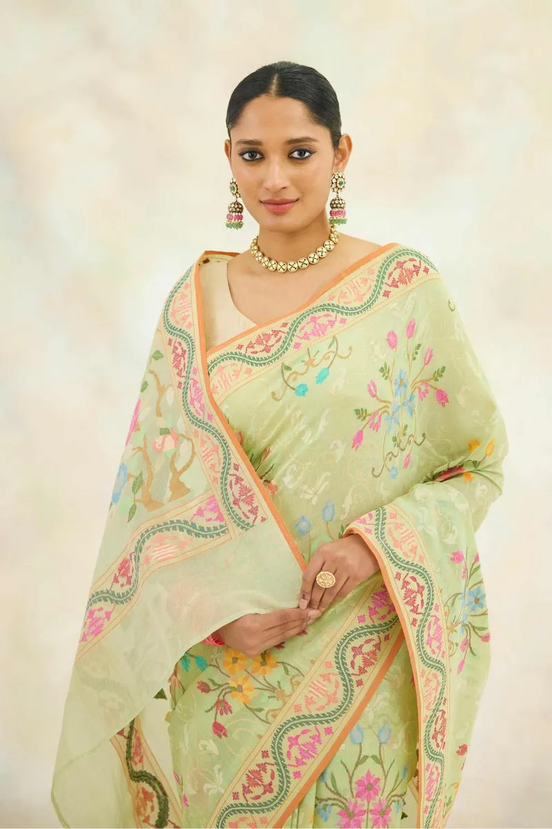 Chinoise Green Mul Cotton Jamdani Saree