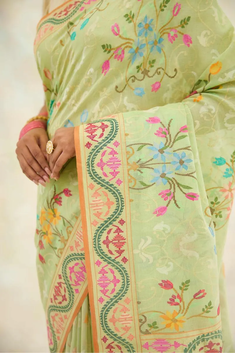 Chinoise Green Mul Cotton Jamdani Saree