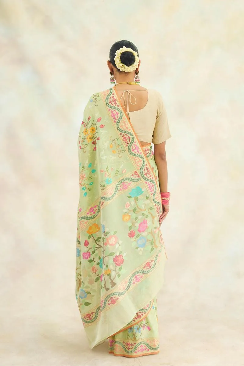 Chinoise Green Mul Cotton Jamdani Saree