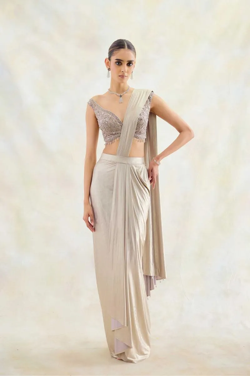 Silver White Net Drape Saree