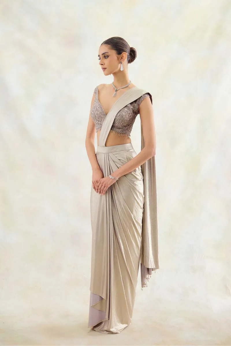Silver White Net Drape Saree