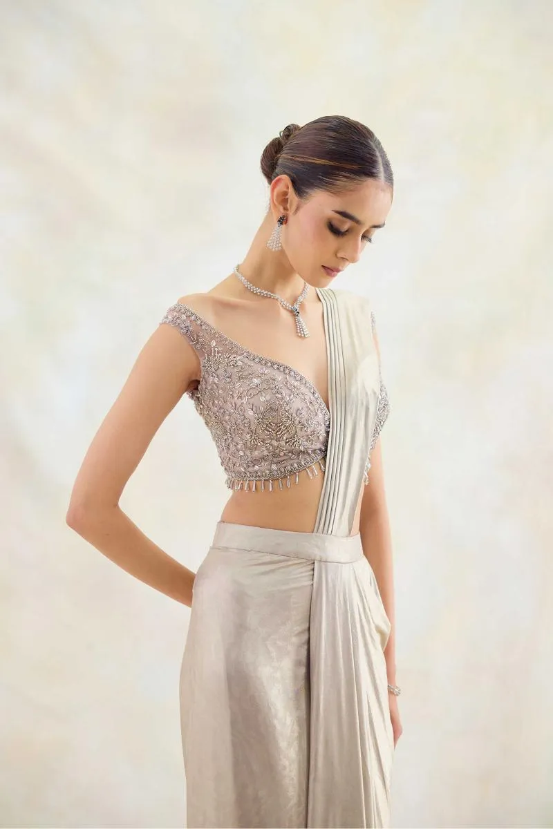 Silver White Net Drape Saree