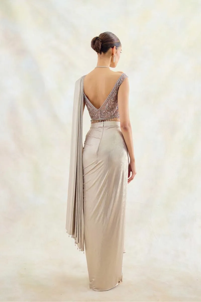 Silver White Net Drape Saree