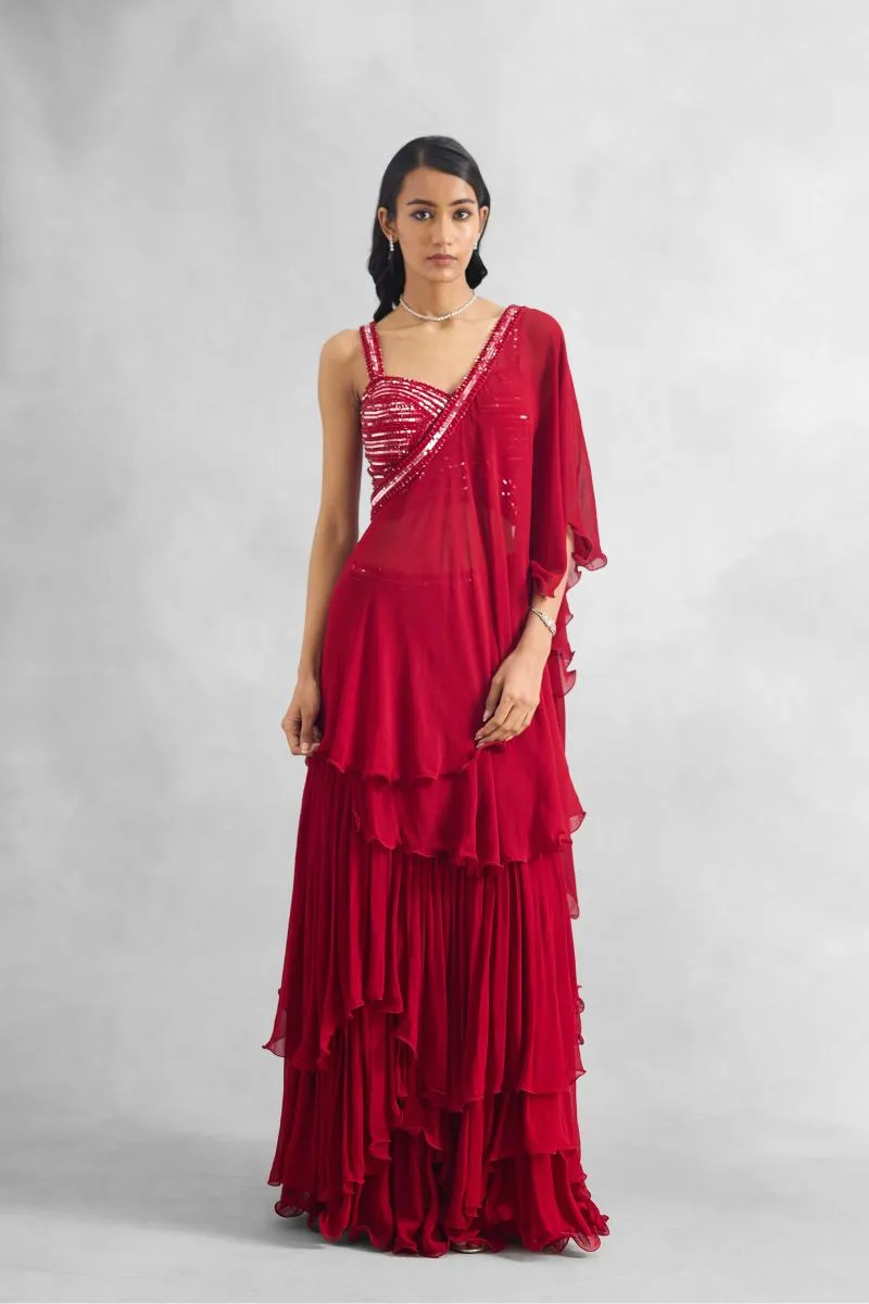 Ruby Red Frill Saree