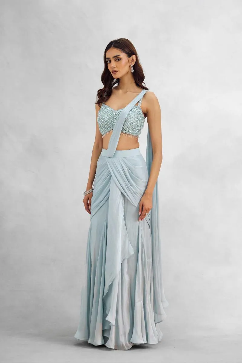 Ice Blue Satin Drape Saree