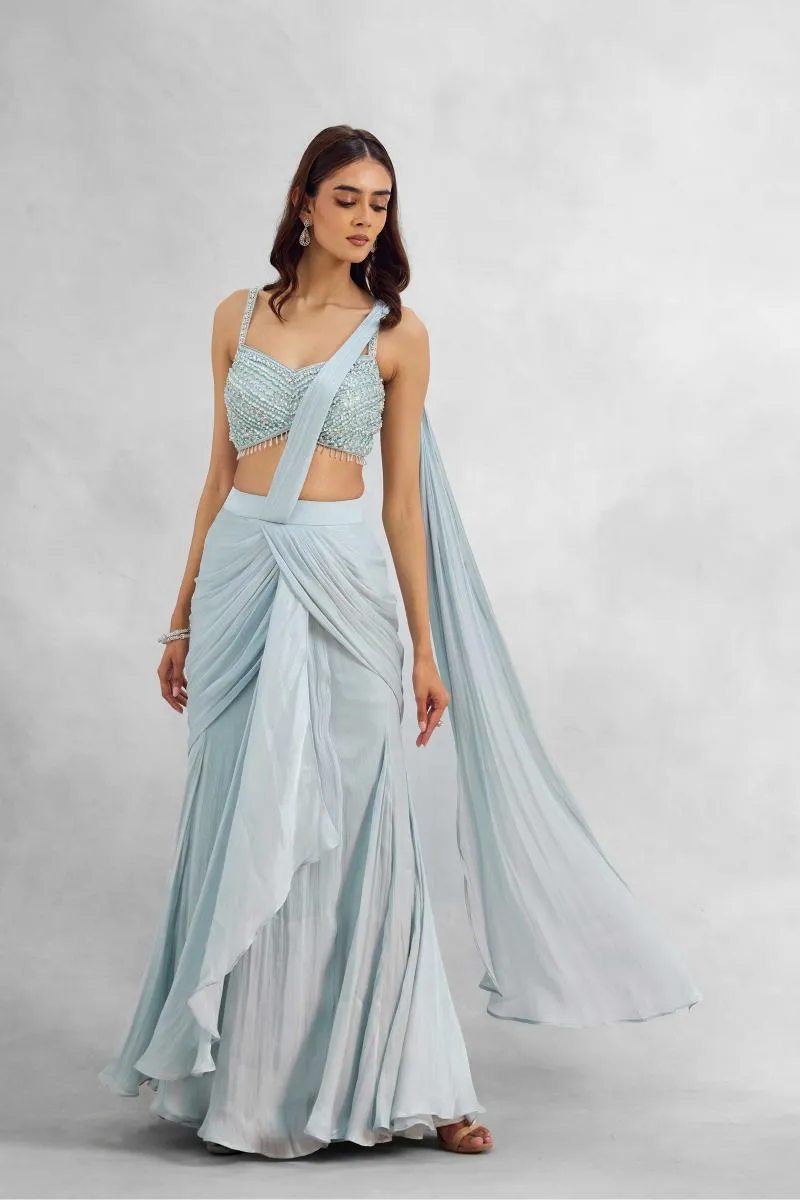 Ice Blue Satin Drape Saree