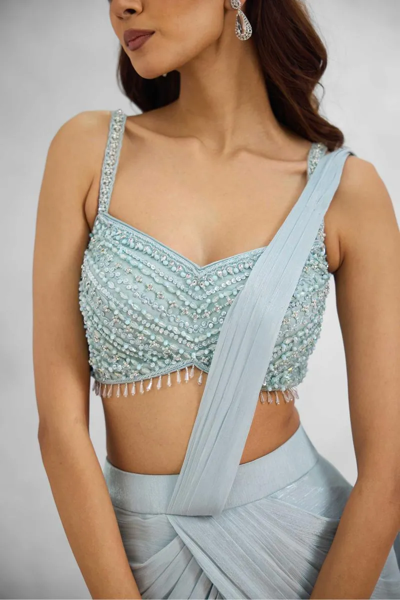 Ice Blue Satin Drape Saree