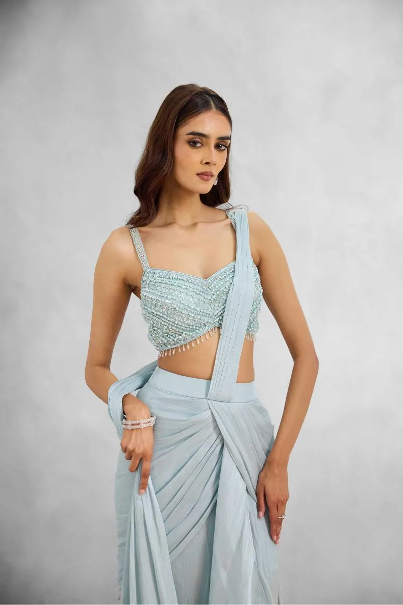 Ice Blue Satin Drape Saree