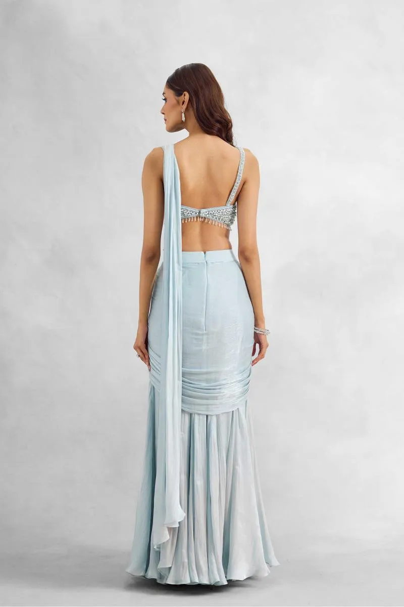 Ice Blue Satin Drape Saree