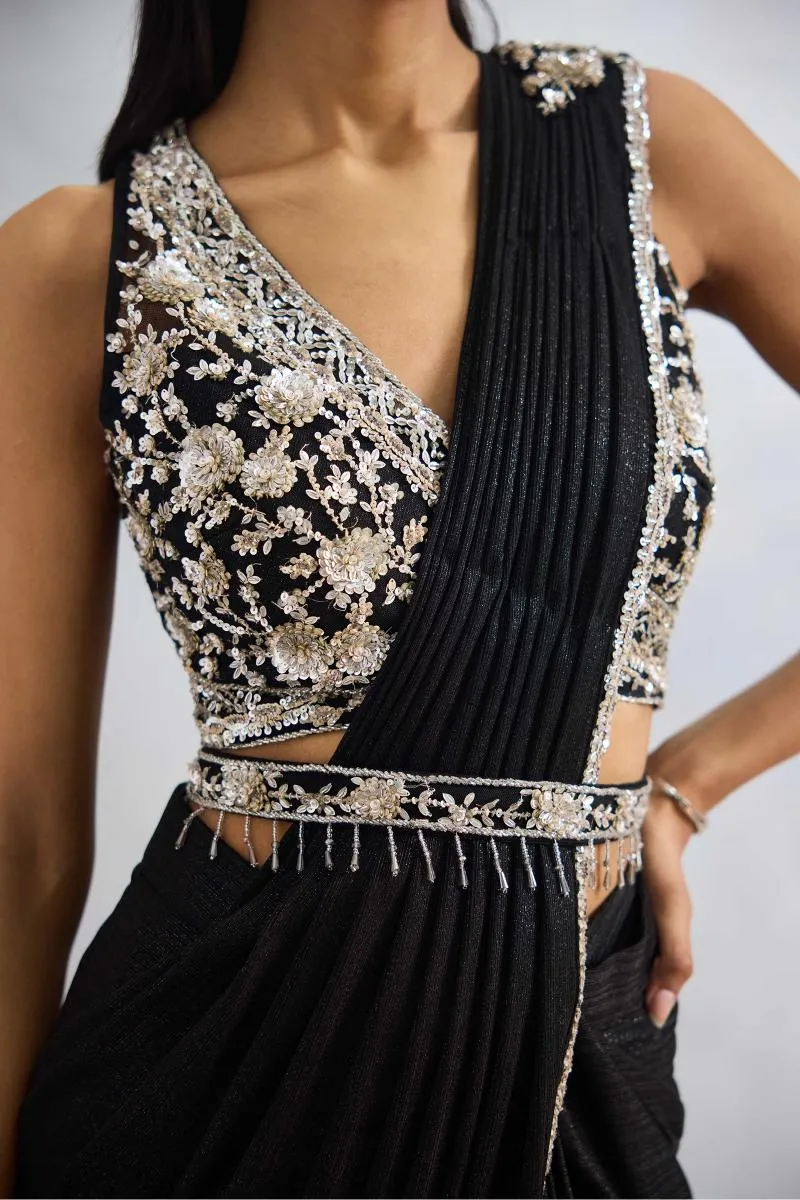 Black Embroidered Net Drape Saree