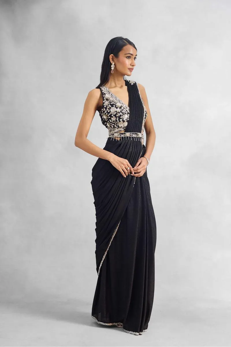 Black Embroidered Net Drape Saree
