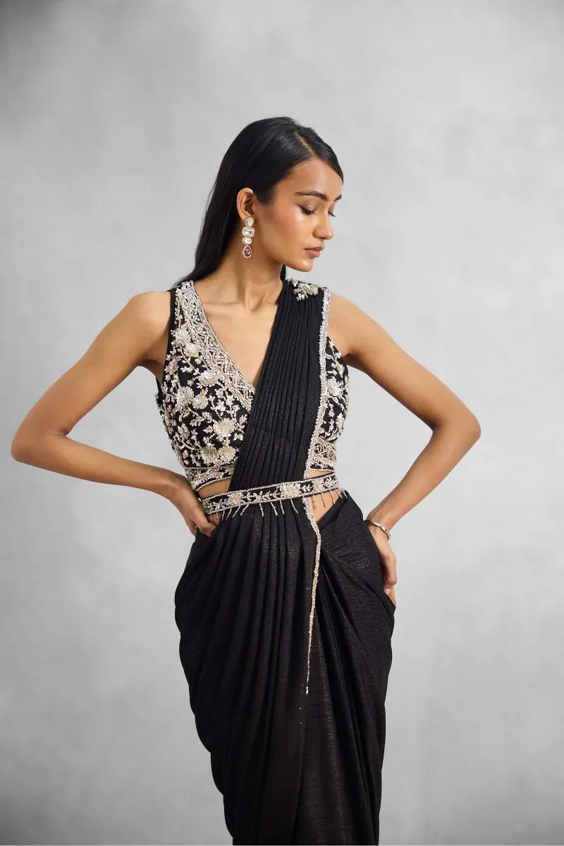 Black Embroidered Net Drape Saree