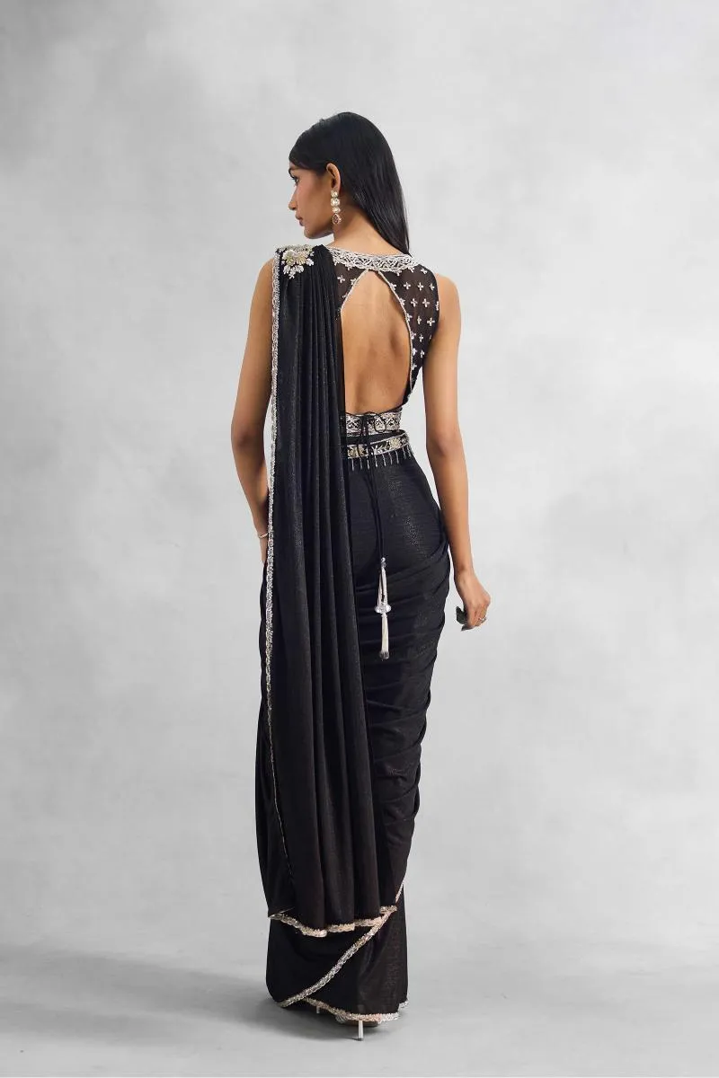 Black Embroidered Net Drape Saree