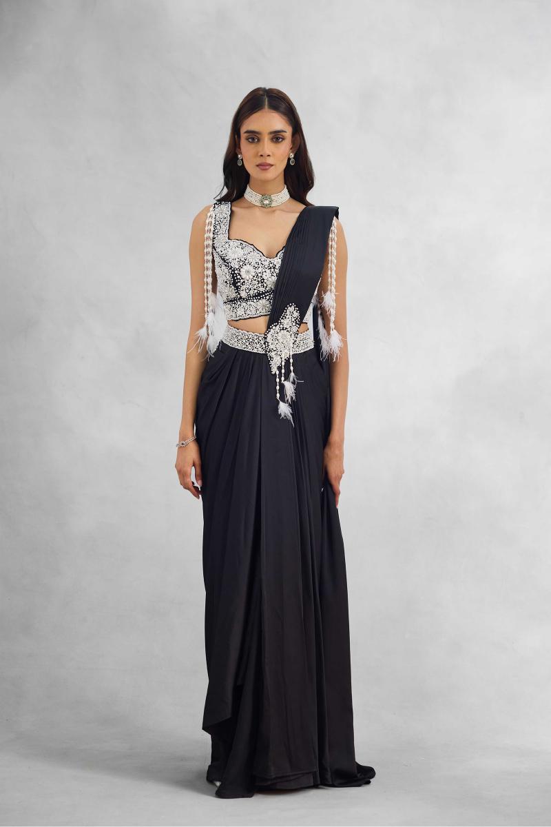 Black magnolia drape concept saree set