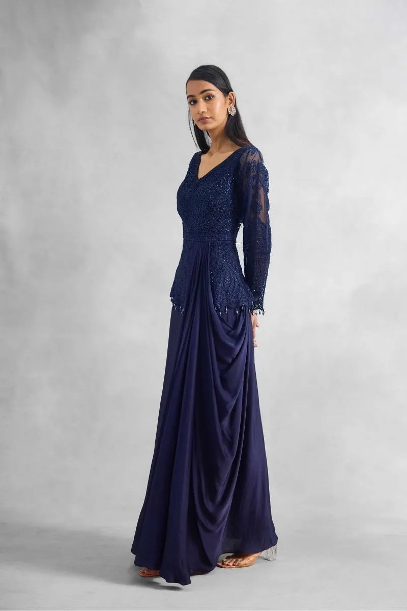 Midnight Navy Satin Drape Gown