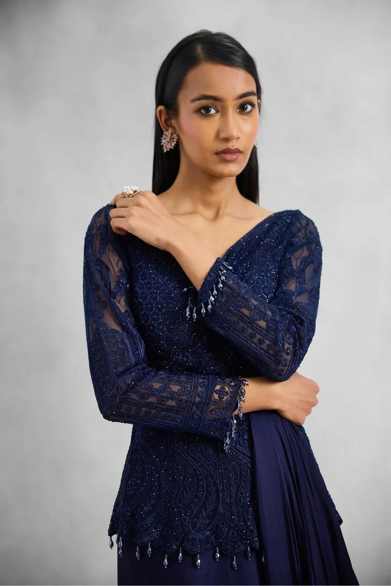 Midnight Navy Satin Drape Gown