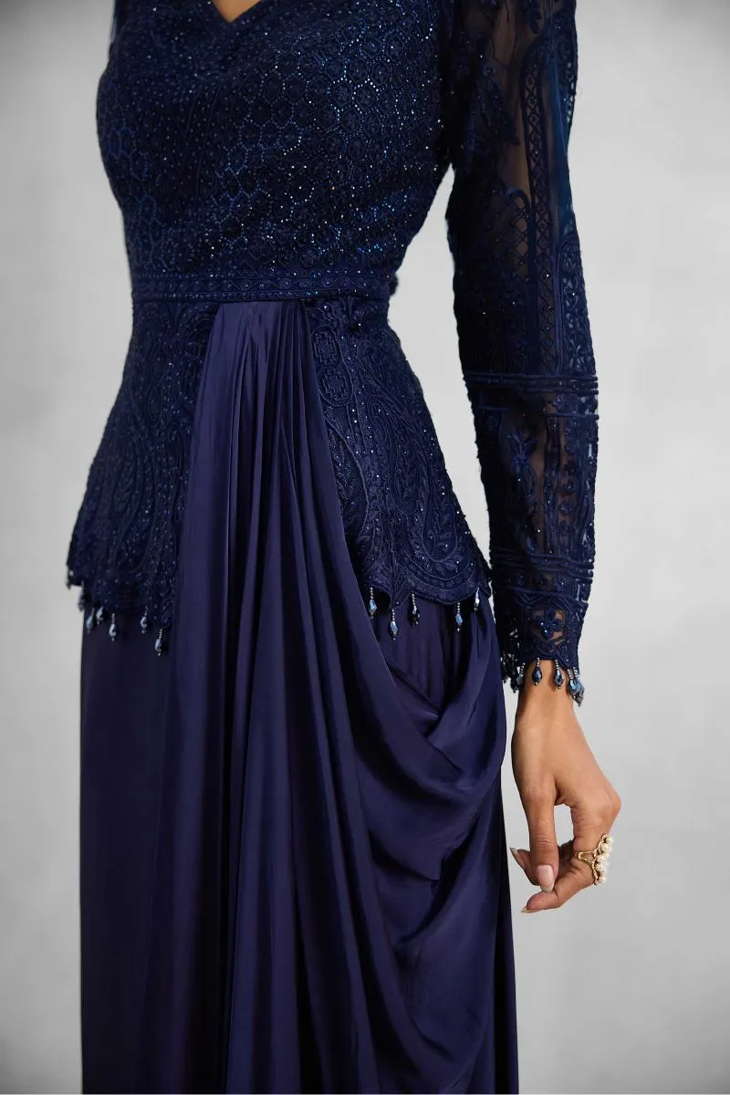 Midnight Navy Satin Drape Gown