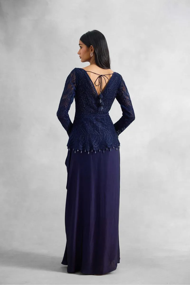 Midnight Navy Satin Drape Gown