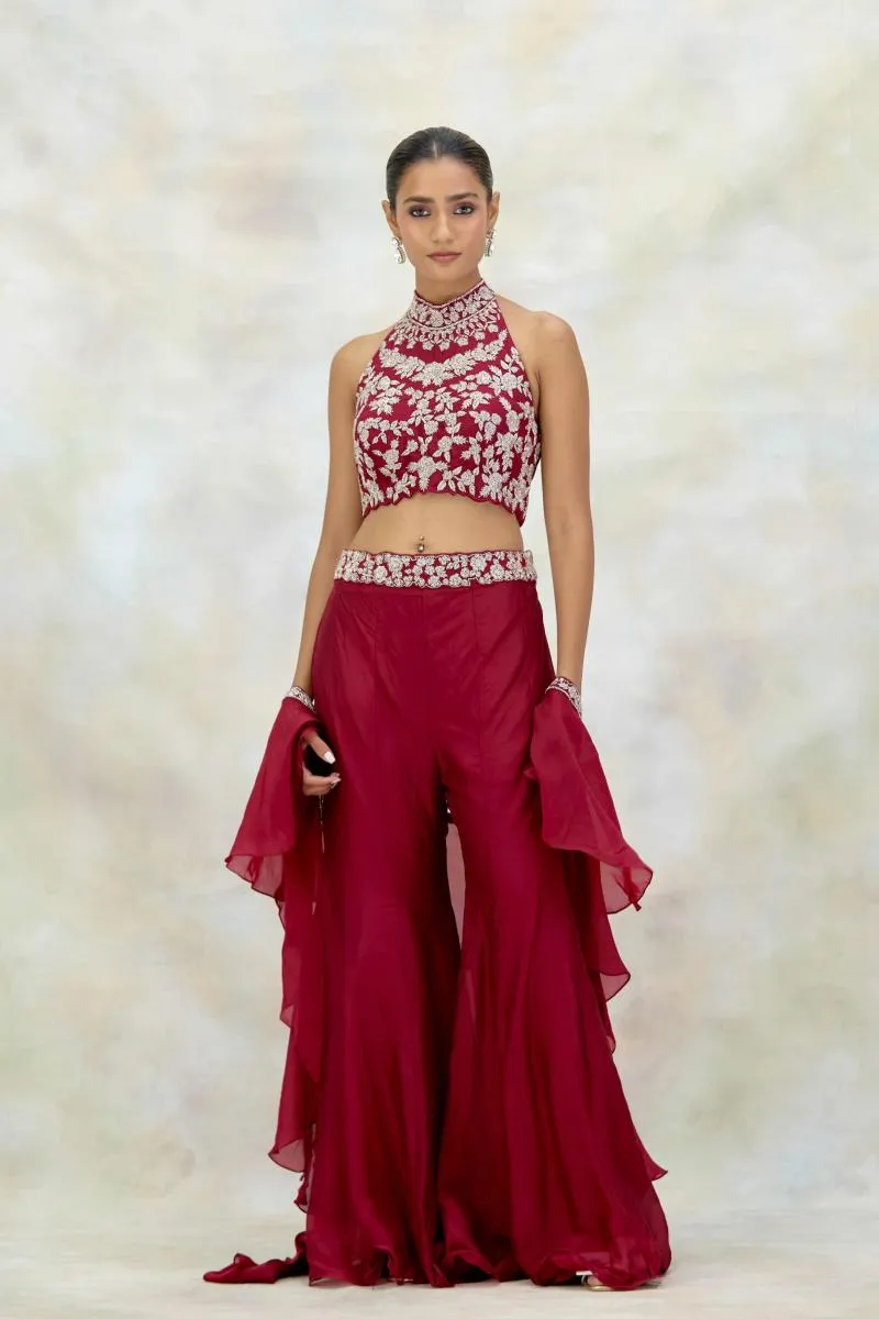 Cherry Maroon Silk Sharara Set