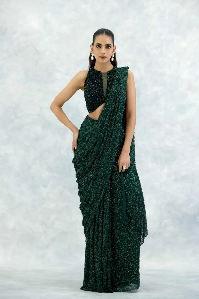 Forest Green Lyrca Net Drape Saree