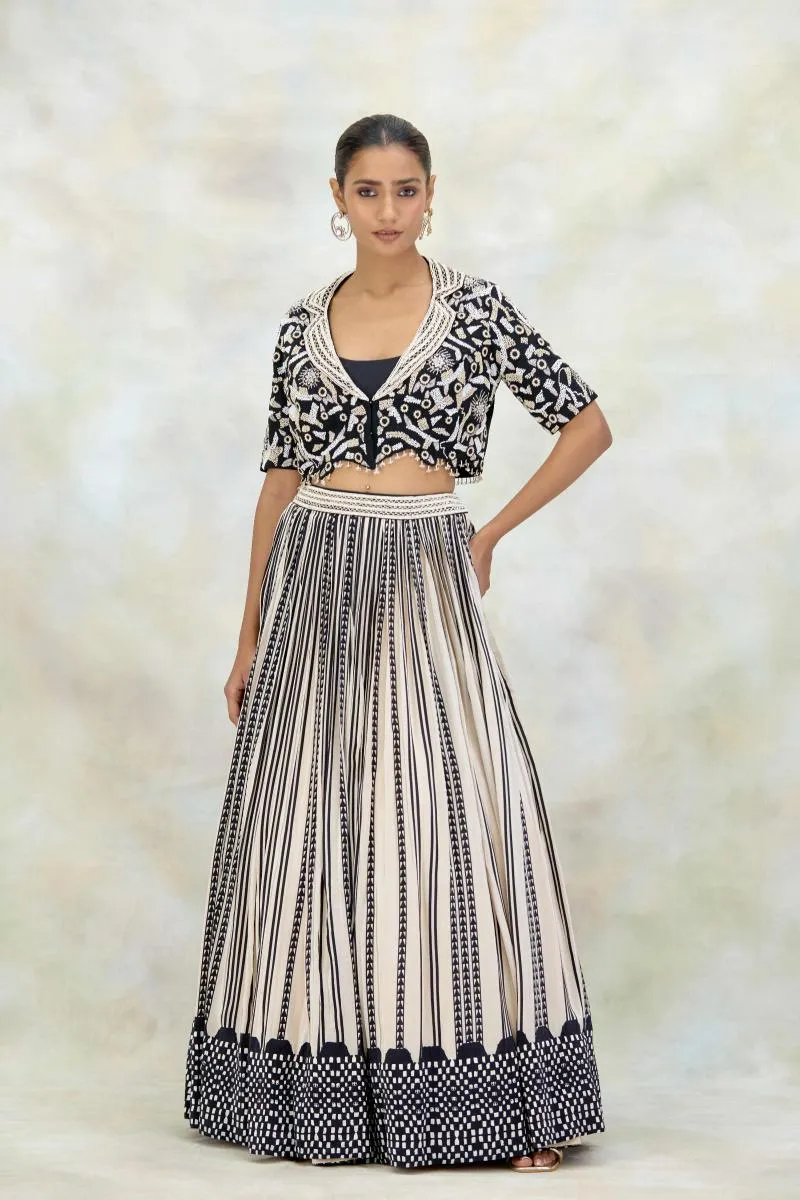 Black and Ivory Crepe Lehenga Set