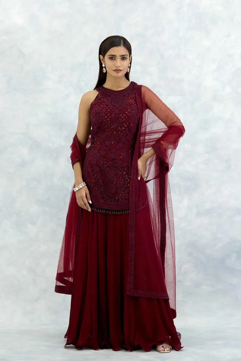 Garnet Red Georgette Sharara Set
