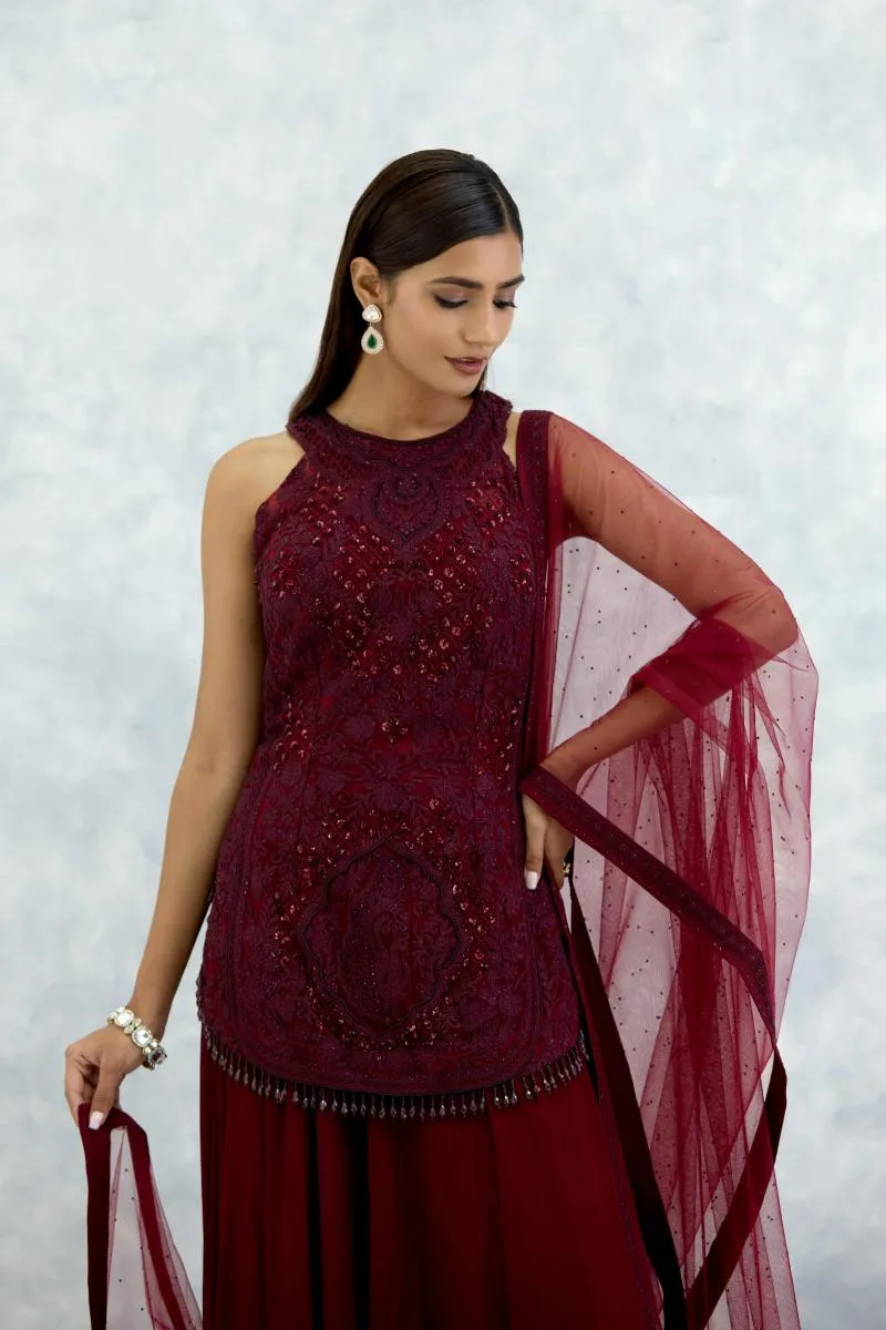 Garnet Red Georgette Sharara Set