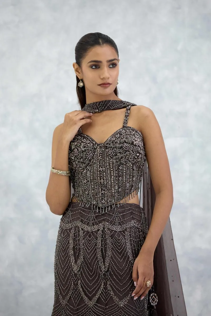 Earthy Brown Organza Lehenga Set