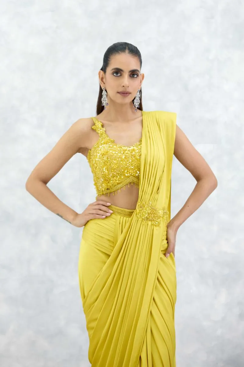 Yellow Satin Drape Saree