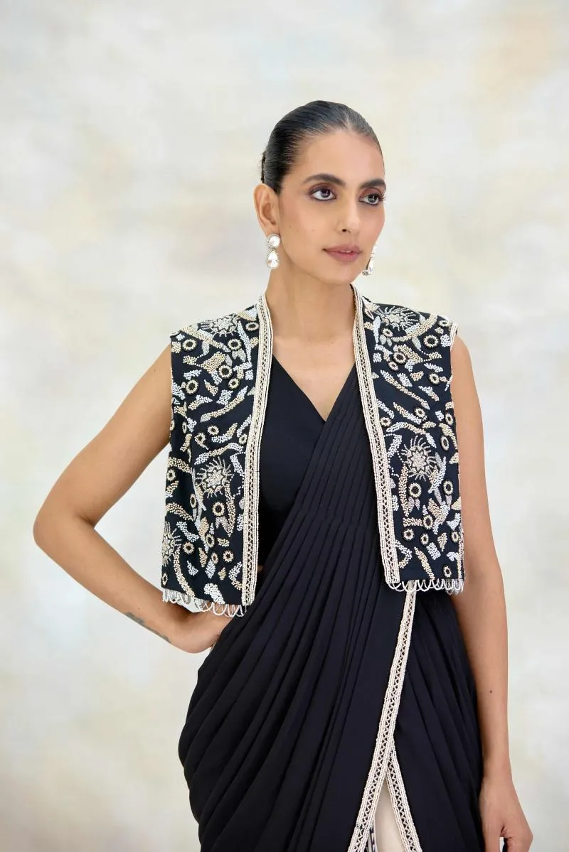 Black and Ivory Printed Crepe Drape Saree