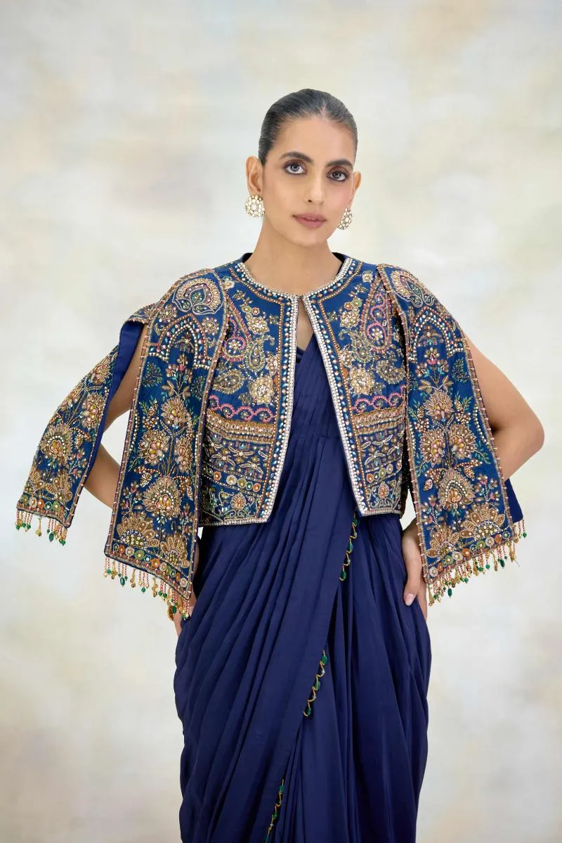 Navy Blue Crepe Drape Saree