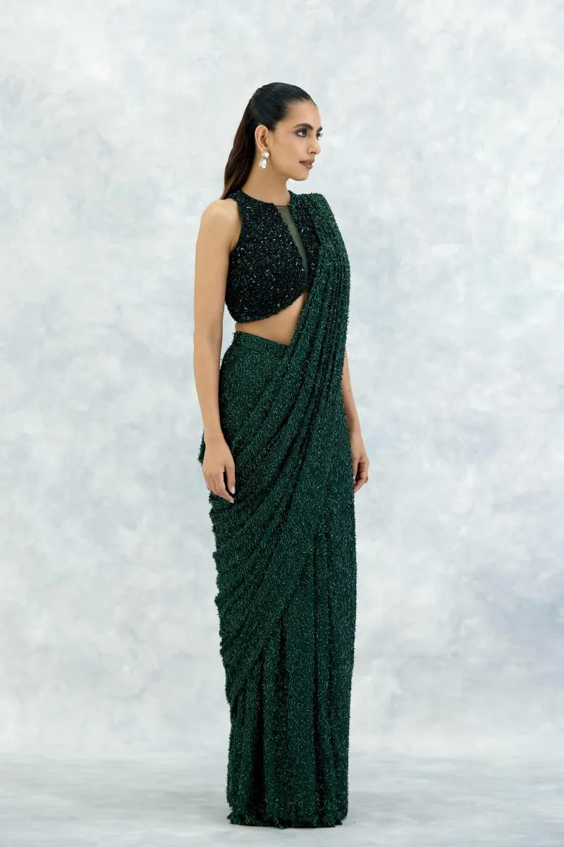 Forest Green Lyrca Net Drape Saree