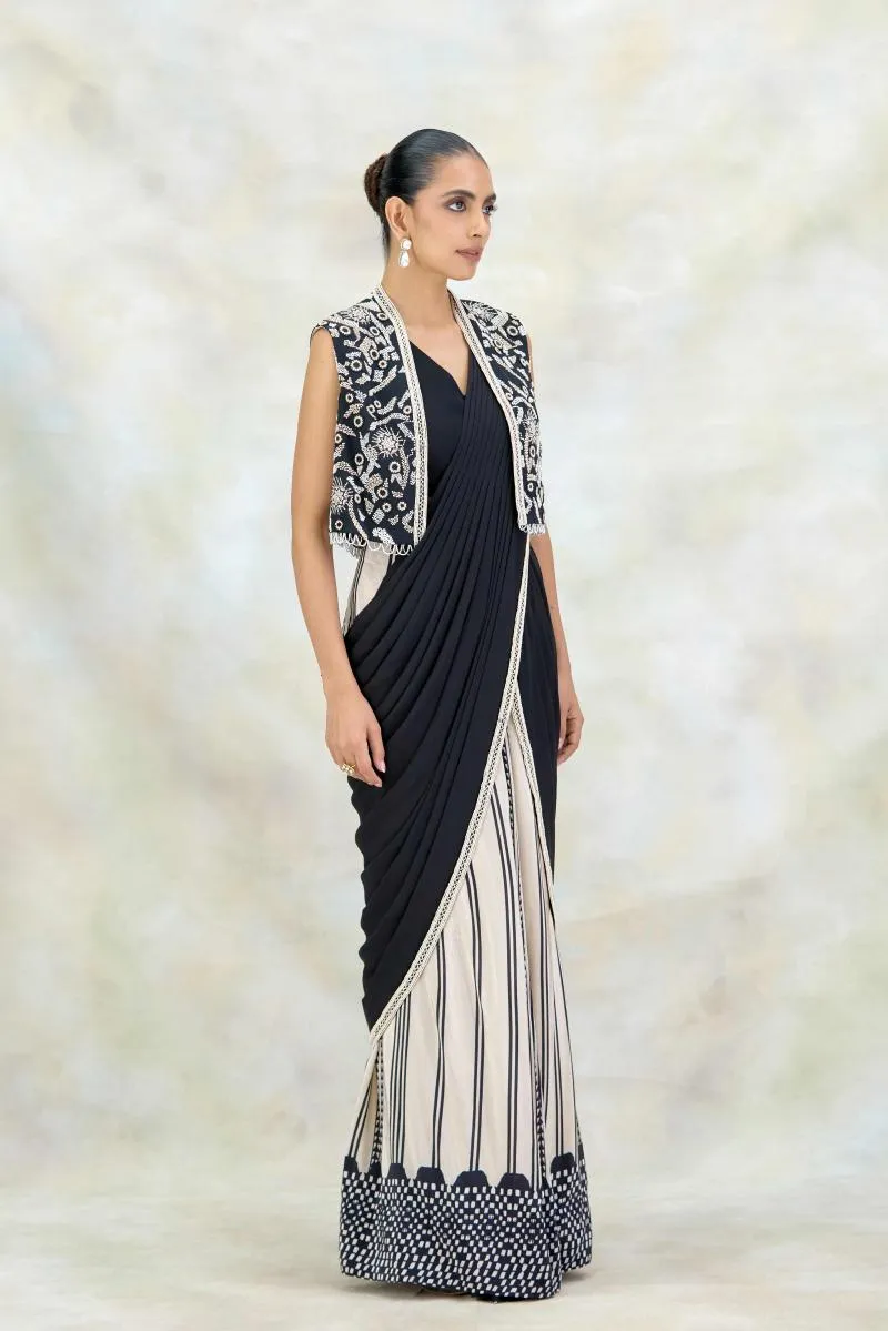 Black and Ivory Printed Crepe Drape Saree