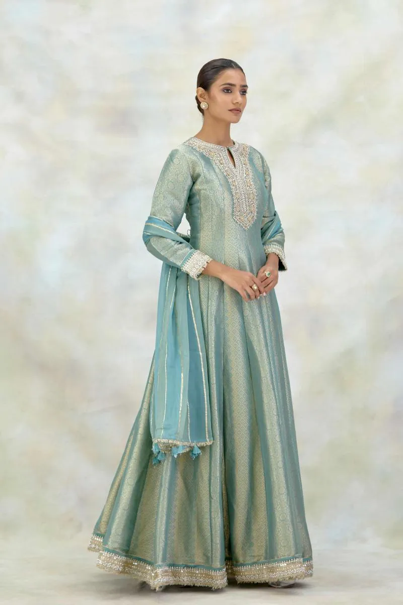 Powder Blue Banarasi Silk Anarkali Set