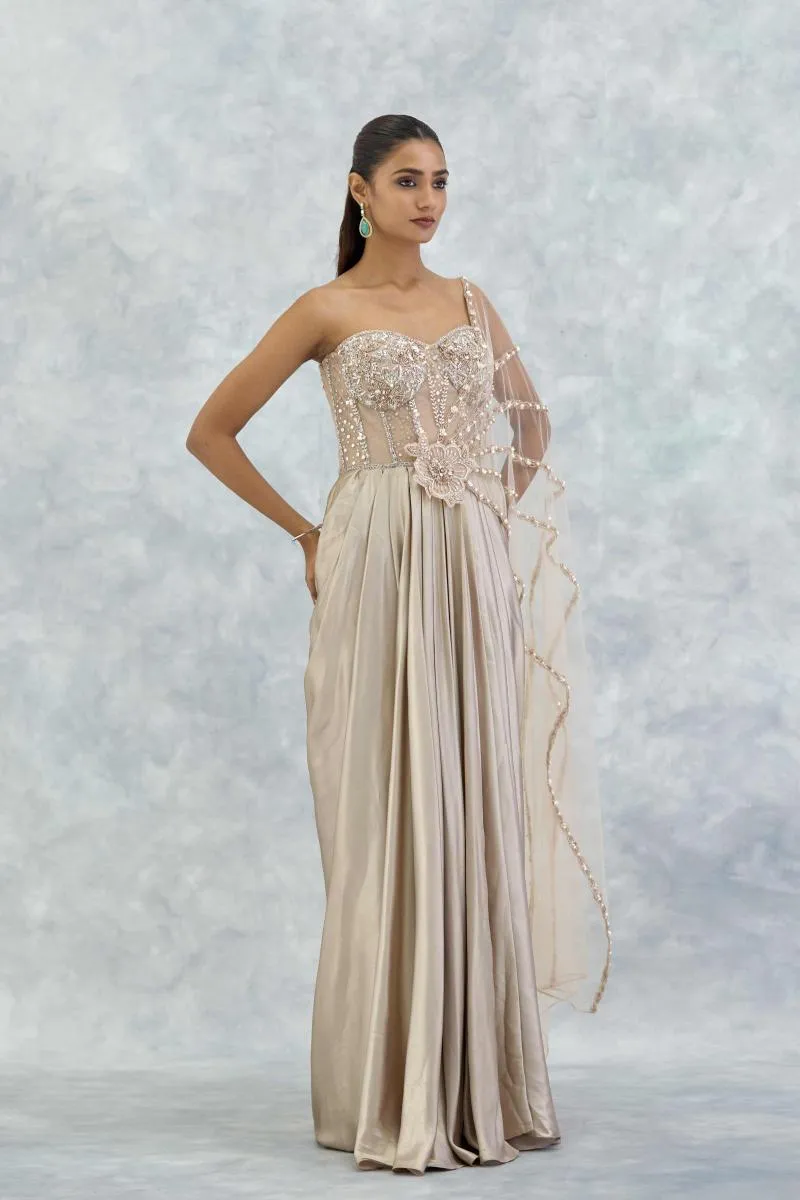Champagne Gold Draped Georgette Gown