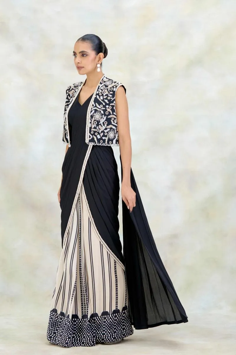 Black and Ivory Printed Crepe Drape Saree