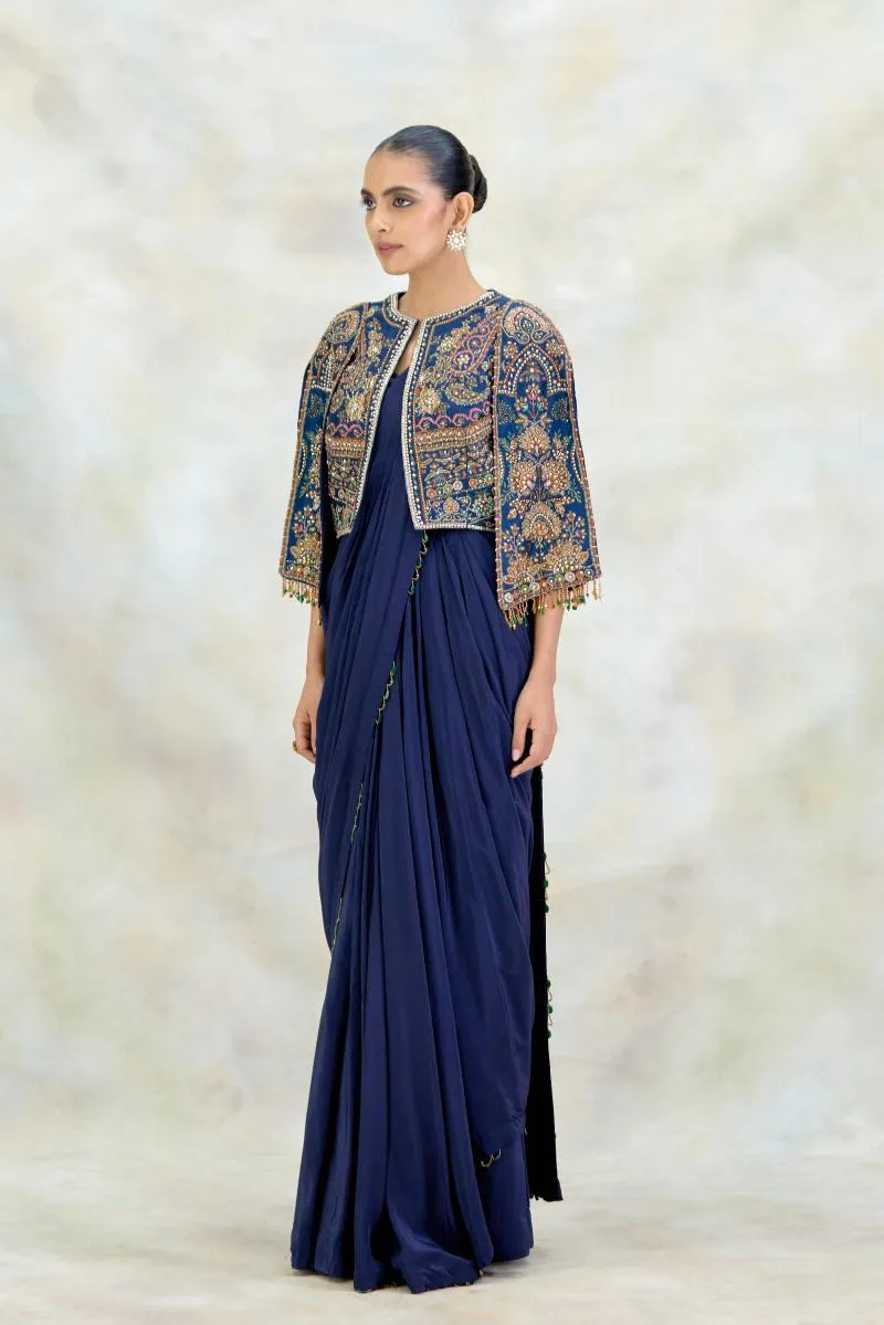 Navy Blue Crepe Drape Saree