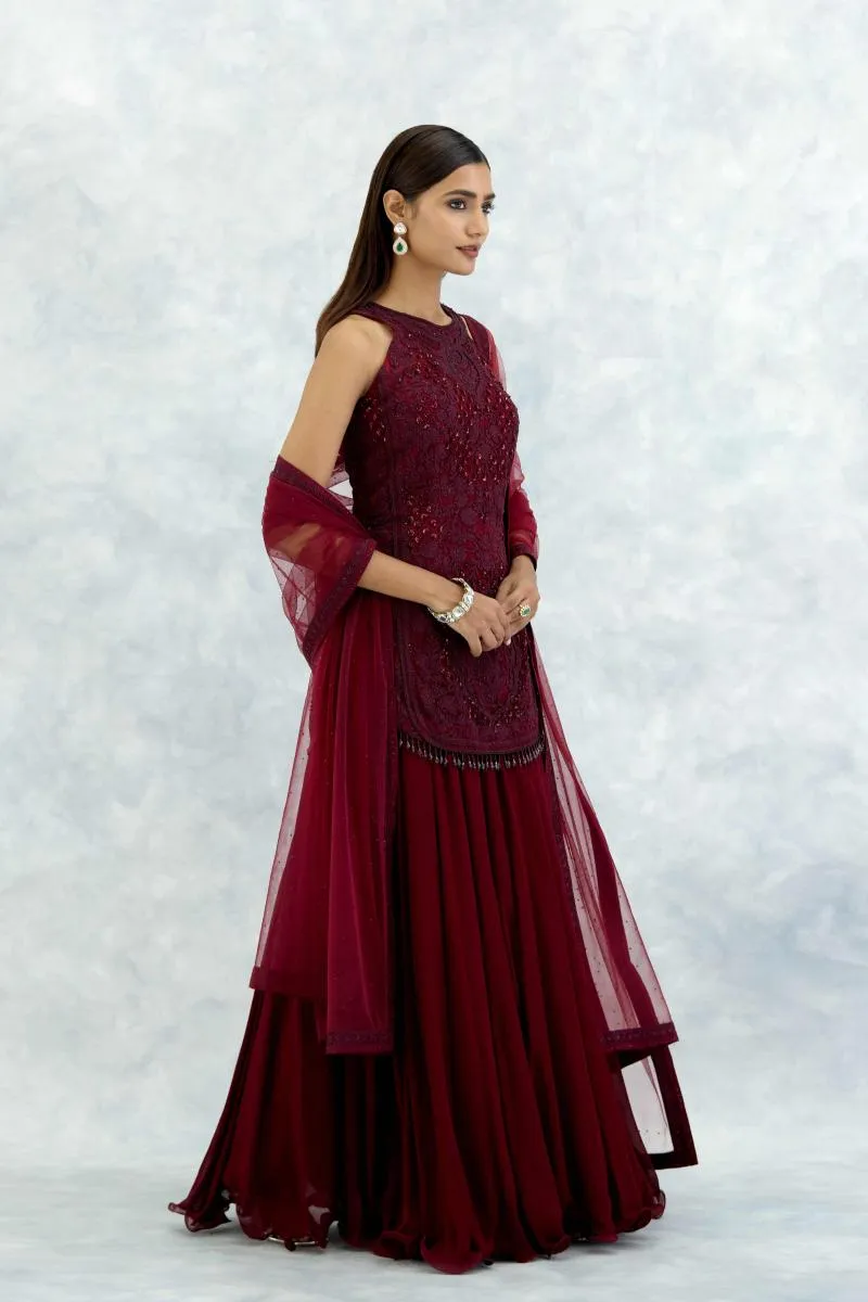 Garnet Red Georgette Sharara Set