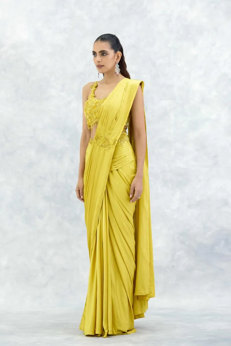 Yellow Satin Drape Saree