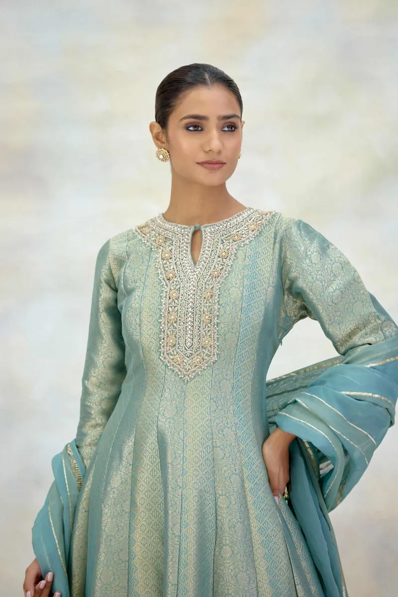 Powder Blue Banarasi Silk Anarkali Set